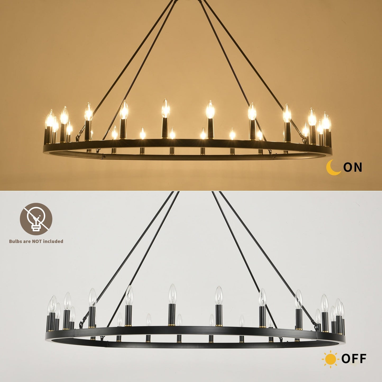 Lustre rond de 54 pouces en forme de roue de chariot avec 24 lumières