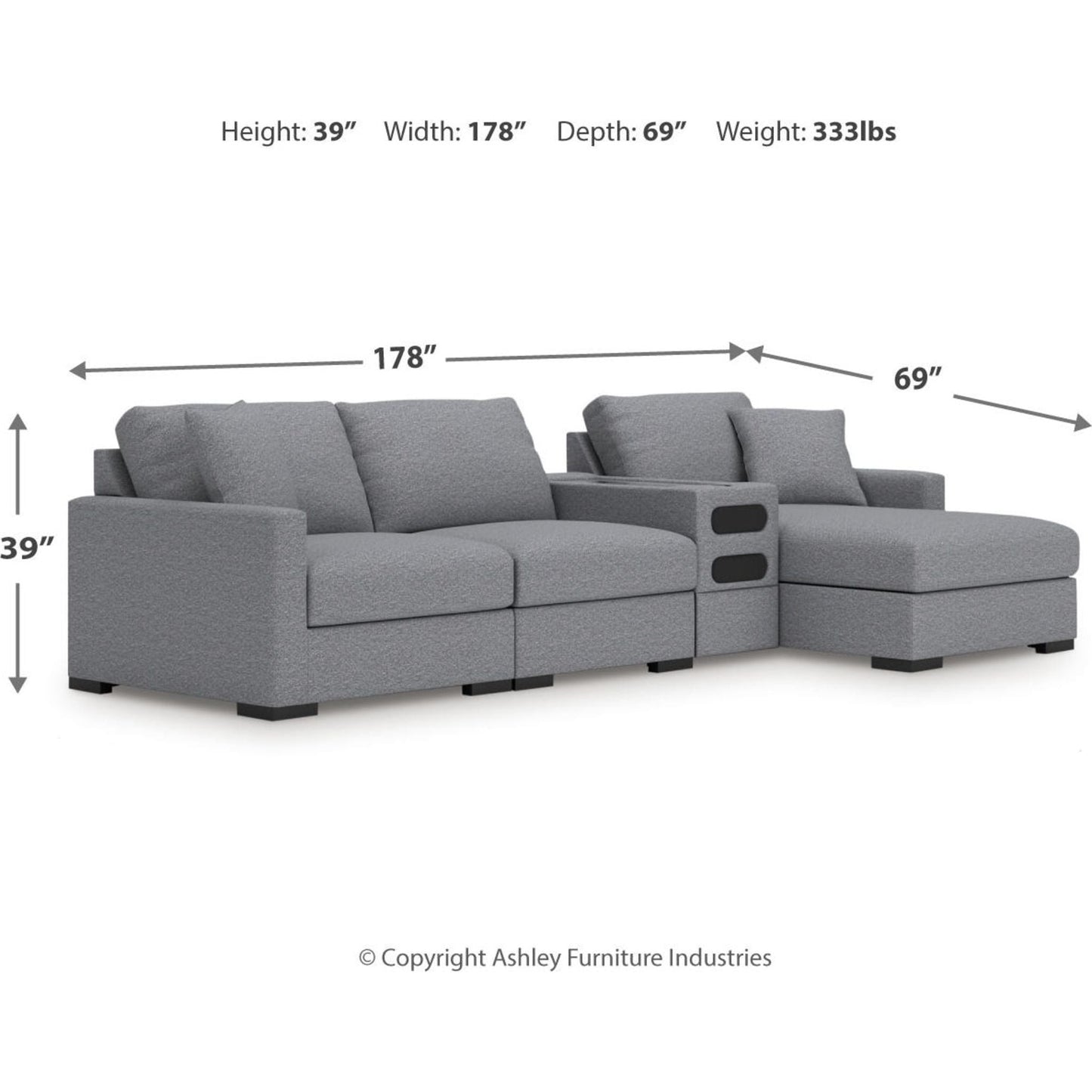 Canapé d'angle modulaire 4 pièces exclusif à Omaha, avec système audio et méridienne