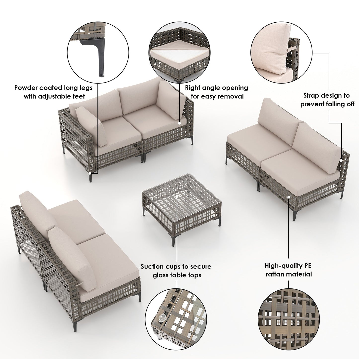 Ensemble de sièges d'extérieur modulables 6 personnes avec coussins