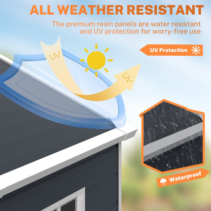 Abri de jardin en résine plastique tout temps avec plancher, dimensions : 1,83 m x 1,22 m / 1,83 m x 2,44 m / 2,44 m x 1,83 m / 2,44 m x 3,05 m.