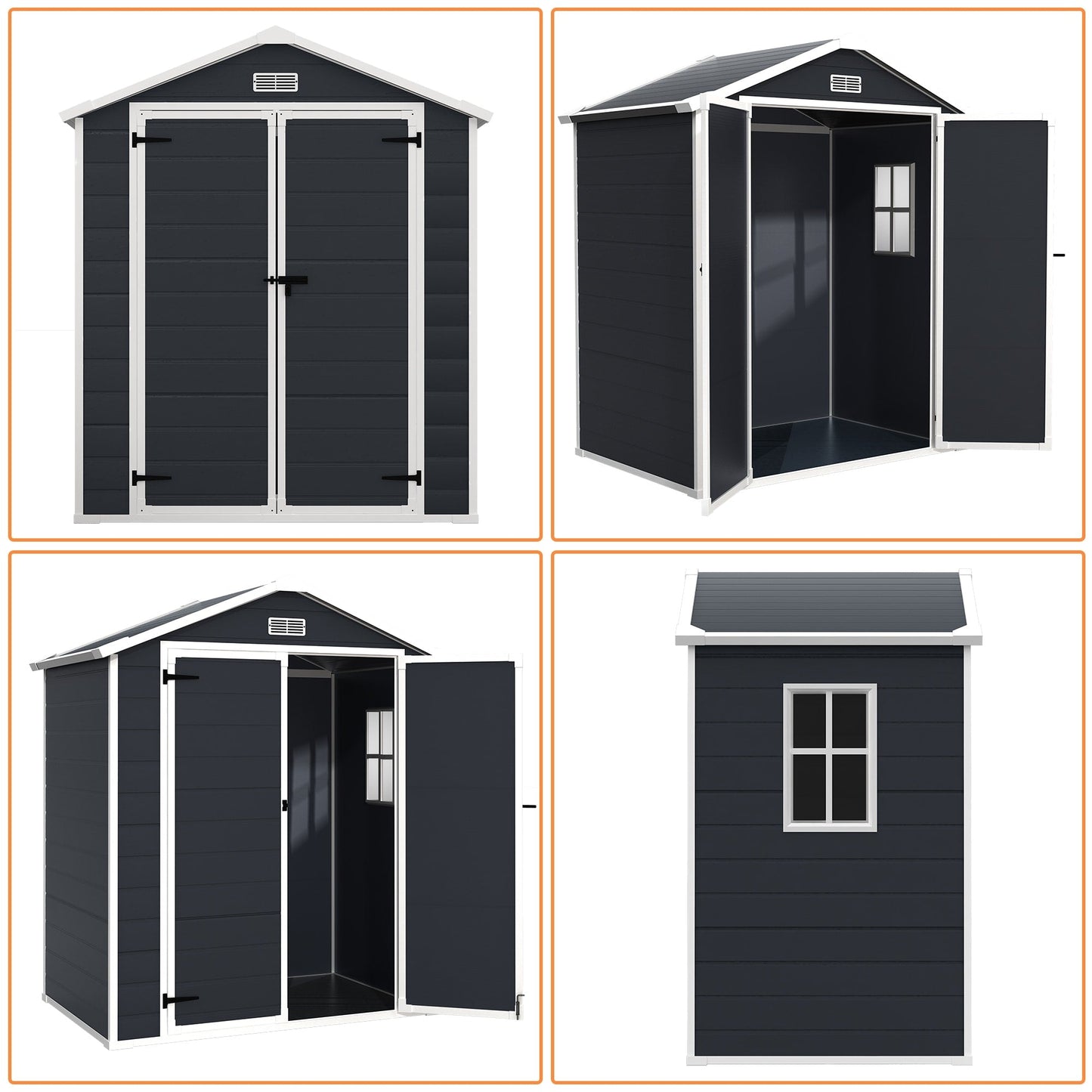 Abri de jardin en résine plastique tout temps avec plancher, dimensions : 1,83 m x 1,22 m / 1,83 m x 2,44 m / 2,44 m x 1,83 m / 2,44 m x 3,05 m.