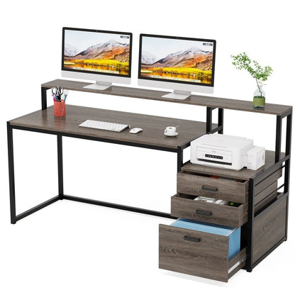 Bureau d'ordinateur 63 avec support pour écran, bureau ergonomique pour bureau à domicile avec tiroirs et classeur