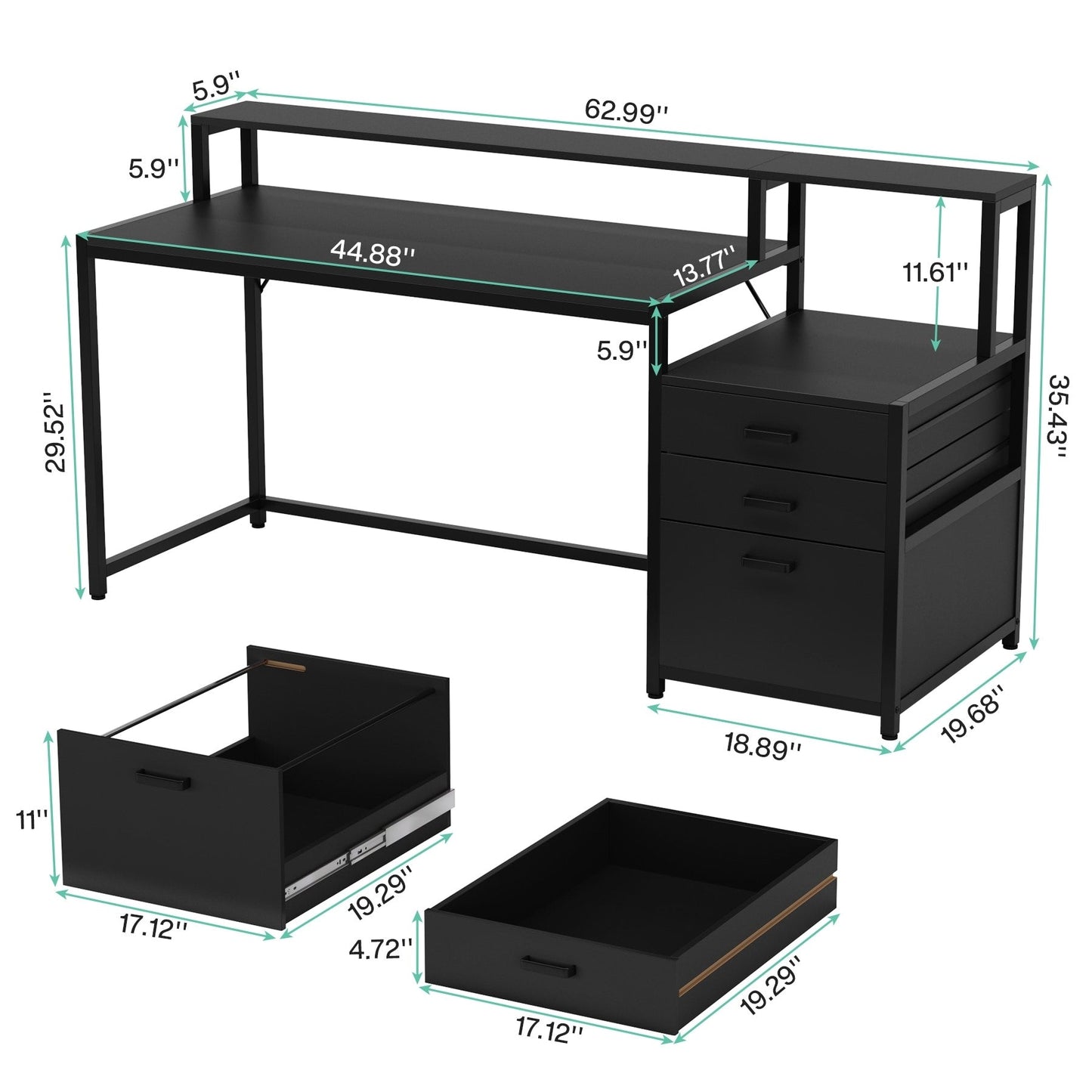 Bureau d'ordinateur 63 avec support pour écran, bureau ergonomique pour bureau à domicile avec tiroirs et classeur
