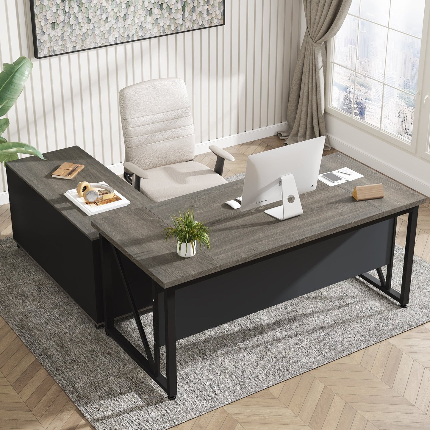 Bureau d'ordinateur en L de 63 pouces avec caisson latéral de 47 pouces, ensemble de bureau de direction pour bureau à domicile