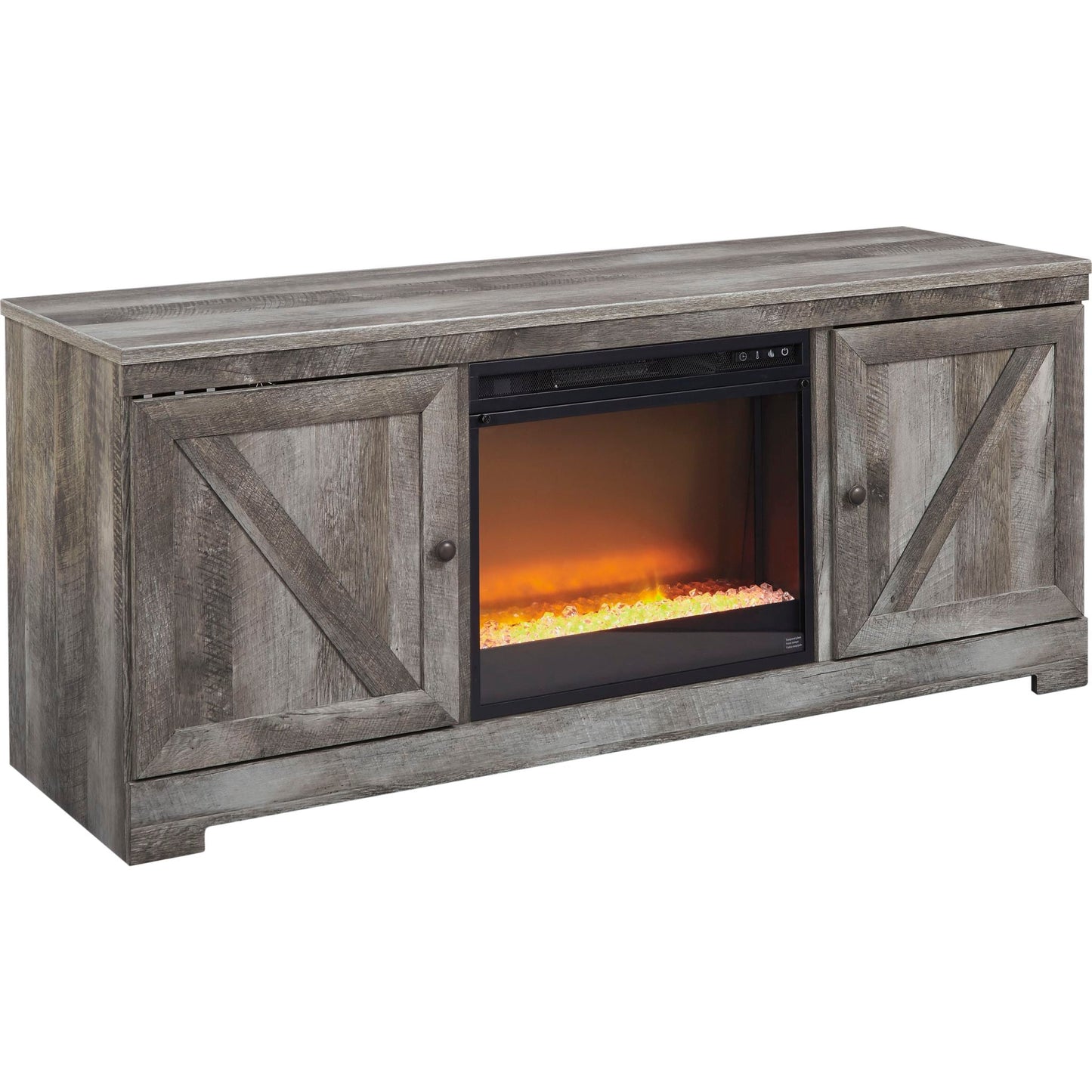 Meuble TV Wynnlow avec cheminée en pierre et verre