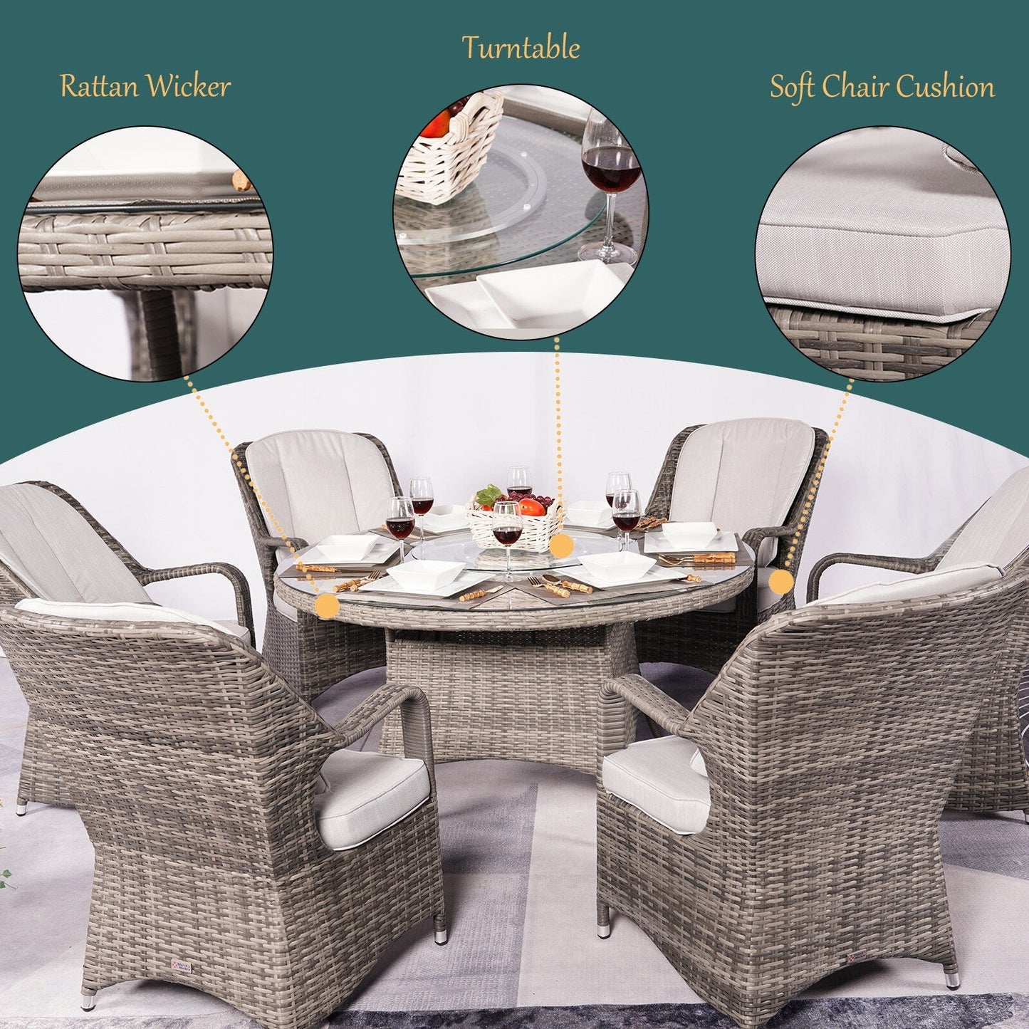 Ensemble de salle à manger rond d'extérieur en rotin tressé 7 pièces avec coussins par Moda Furnishings