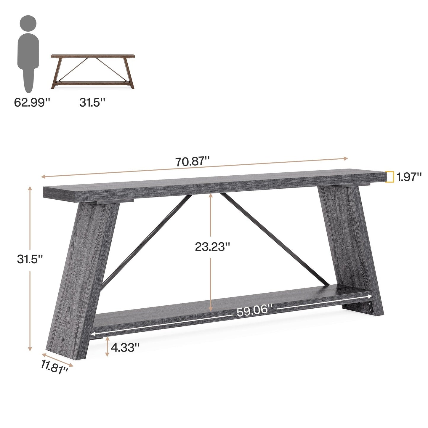 Console/table basse rustique en bois de 180 cm de long avec étagère de rangement