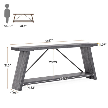 Console/table basse rustique en bois de 180 cm de long avec étagère de rangement