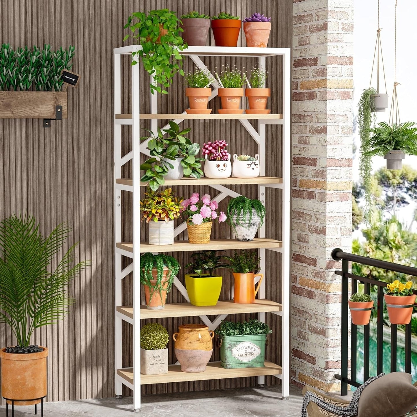 Bibliothèque industrielle 71, étagère à 6 niveaux en bois brun rustique, étagères ouvertes