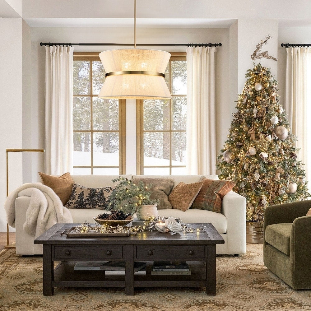 Lustre tambour moderne bohème à 8 lumières, grand modèle de 61 cm (24 pouces), en tissu tissé à la main, forme sablier, coloris or/noir, idéal pour salle à manger/salon.