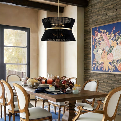 Lustre tambour moderne bohème à 8 lumières, grand modèle de 61 cm (24 pouces), en tissu tissé à la main, forme sablier, coloris or/noir, idéal pour salle à manger/salon.