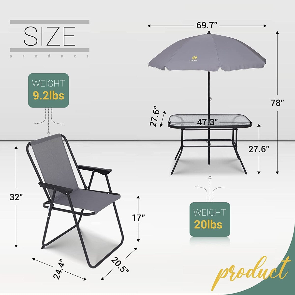 Ensemble de salle à manger de patio 8 pièces, ensemble de table de jardin avec parasol amovible, table en verre et 6 chaises pliantes