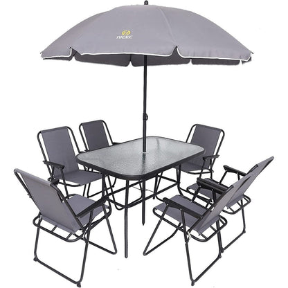 Ensemble de salle à manger de patio 8 pièces, ensemble de table de jardin avec parasol amovible, table en verre et 6 chaises pliantes