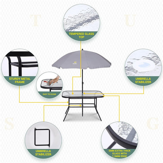Ensemble de salle à manger de patio 8 pièces, ensemble de table de jardin avec parasol amovible, table en verre et 6 chaises pliantes