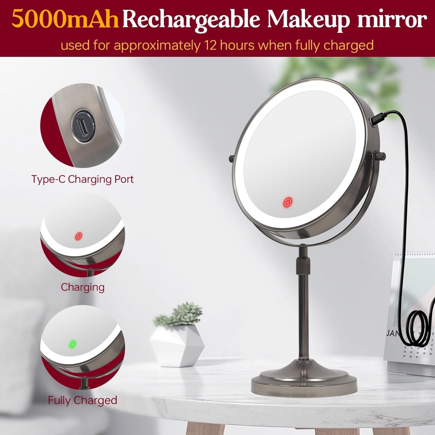 Miroir de maquillage lumineux à 9 LED, miroir grossissant double face avec grossissement 1x/10x, 3 couleurs d'éclairage