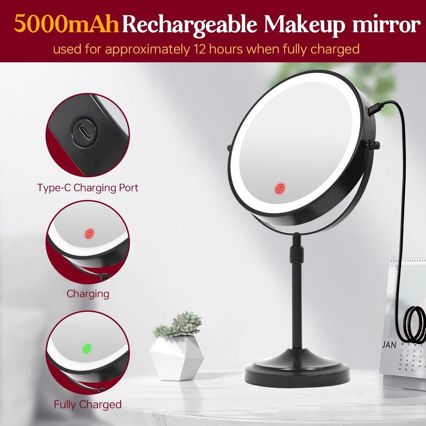 Miroir de maquillage lumineux à 9 LED, miroir grossissant double face avec grossissement 1x/10x, 3 couleurs d'éclairage