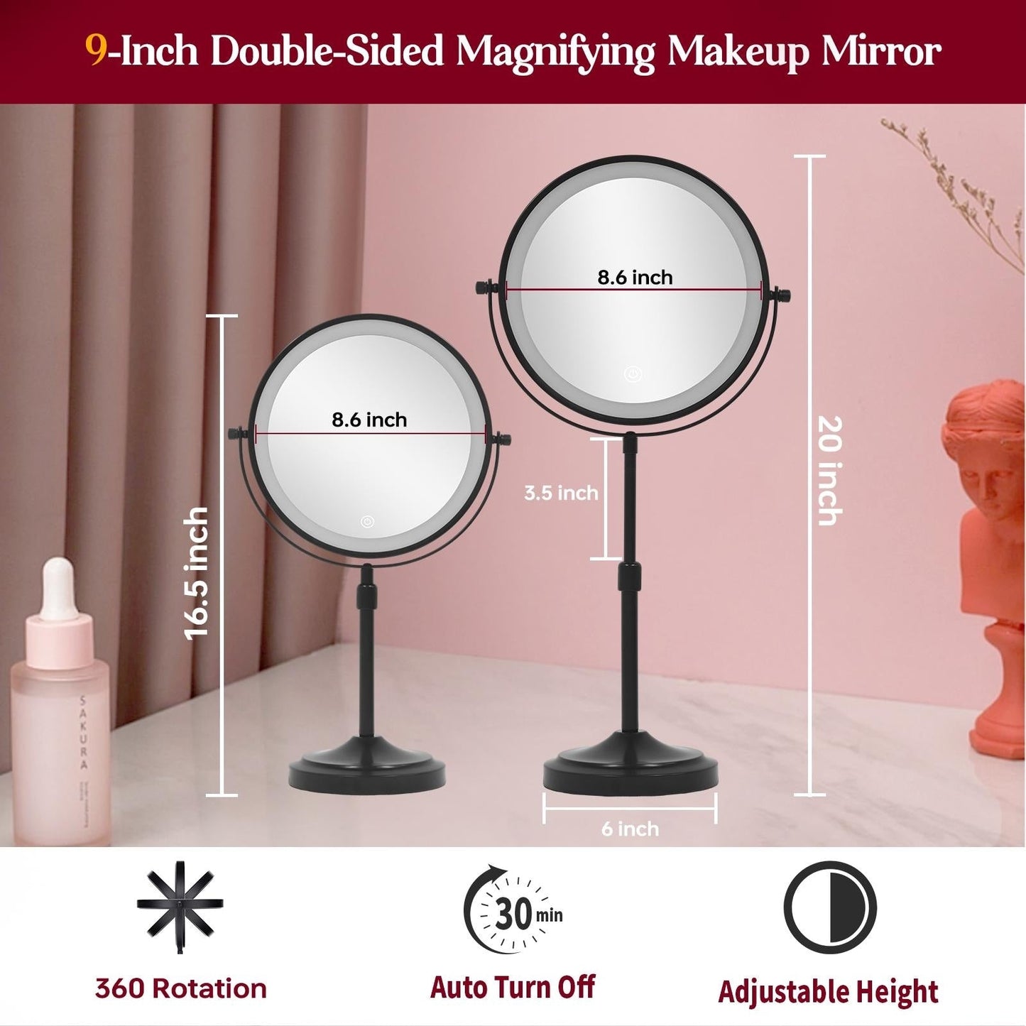 Miroir de maquillage lumineux à 9 LED, miroir grossissant double face avec grossissement 1x/10x, 3 couleurs d'éclairage