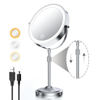 Miroir de maquillage lumineux à 9 LED, miroir grossissant double face avec grossissement 1x/10x, 3 couleurs d'éclairage