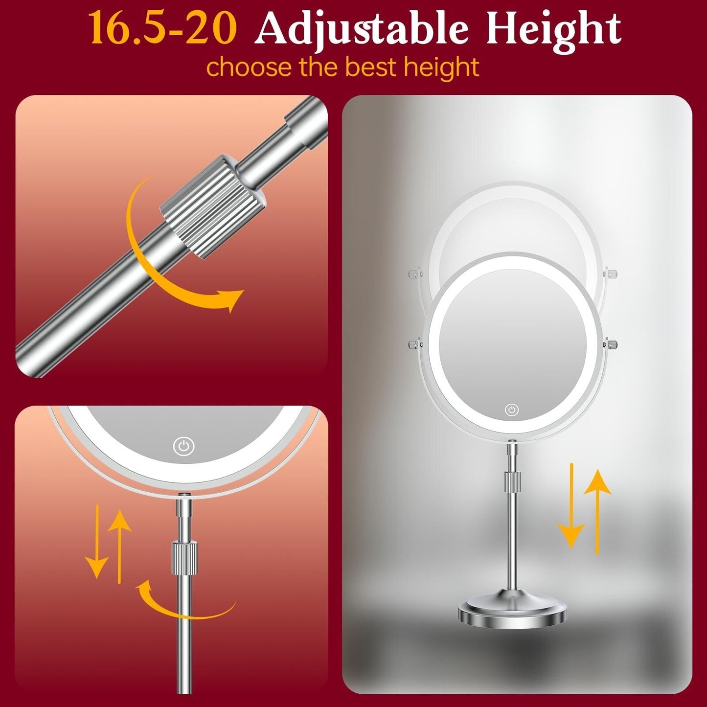 Miroir de maquillage lumineux à 9 LED, miroir grossissant double face avec grossissement 1x/10x, 3 couleurs d'éclairage