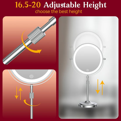 Miroir de maquillage lumineux à 9 LED, miroir grossissant double face avec grossissement 1x/10x, 3 couleurs d'éclairage