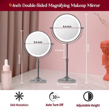 Miroir de maquillage lumineux à 9 LED, miroir grossissant double face avec grossissement 1x/10x, 3 couleurs d'éclairage