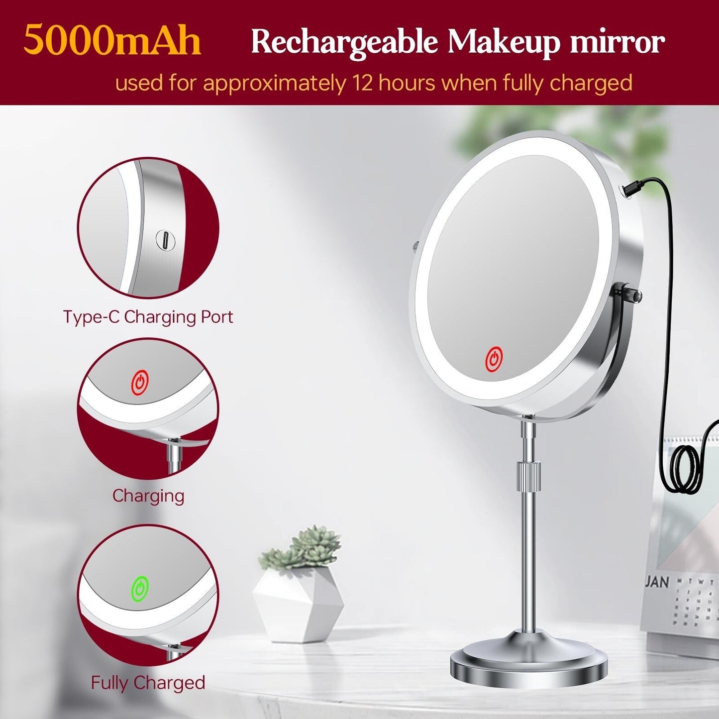 Miroir de maquillage lumineux à 9 LED, miroir grossissant double face avec grossissement 1x/10x, 3 couleurs d'éclairage