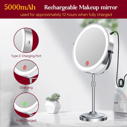 Miroir de maquillage lumineux à 9 LED, miroir grossissant double face avec grossissement 1x/10x, 3 couleurs d'éclairage