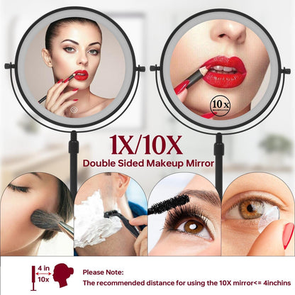 Miroir de maquillage lumineux à 9 LED, miroir grossissant double face avec grossissement 1x/10x, 3 couleurs d'éclairage