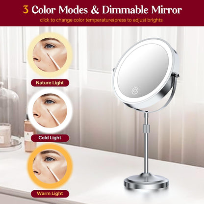 Miroir de maquillage lumineux à 9 LED, miroir grossissant double face avec grossissement 1x/10x, 3 couleurs d'éclairage