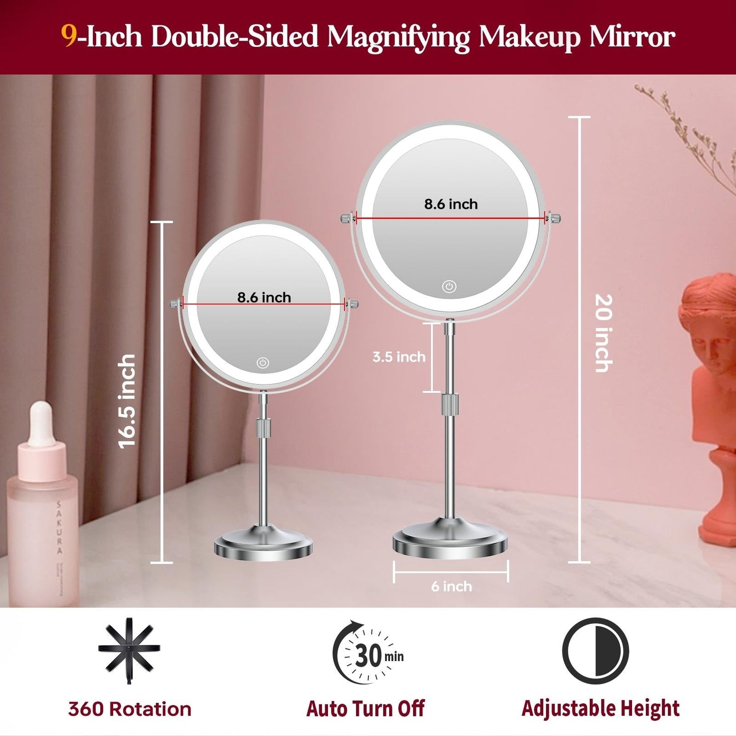 Miroir de maquillage lumineux à 9 LED, miroir grossissant double face avec grossissement 1x/10x, 3 couleurs d'éclairage