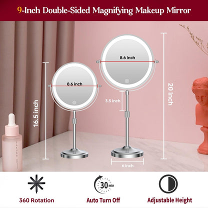 Miroir de maquillage lumineux à 9 LED, miroir grossissant double face avec grossissement 1x/10x, 3 couleurs d'éclairage