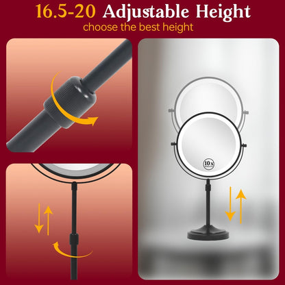 Miroir de maquillage lumineux à 9 LED, miroir grossissant double face avec grossissement 1x/10x, 3 couleurs d'éclairage