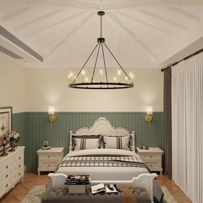 Lustre Acroma style ferme à 12 lumières, forme roue de chariot, 101,6 cm (40 po), homologué UL - 101,6 cm (40 po) de profondeur x 350 cm (138 po) de hauteur