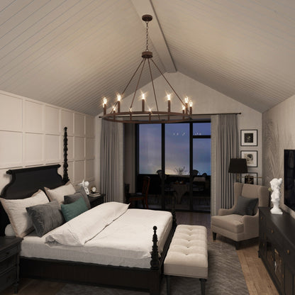 Lustre Acroma style ferme à 12 lumières, forme roue de chariot, 101,6 cm (40 po), homologué UL - 101,6 cm (40 po) de profondeur x 350 cm (138 po) de hauteur