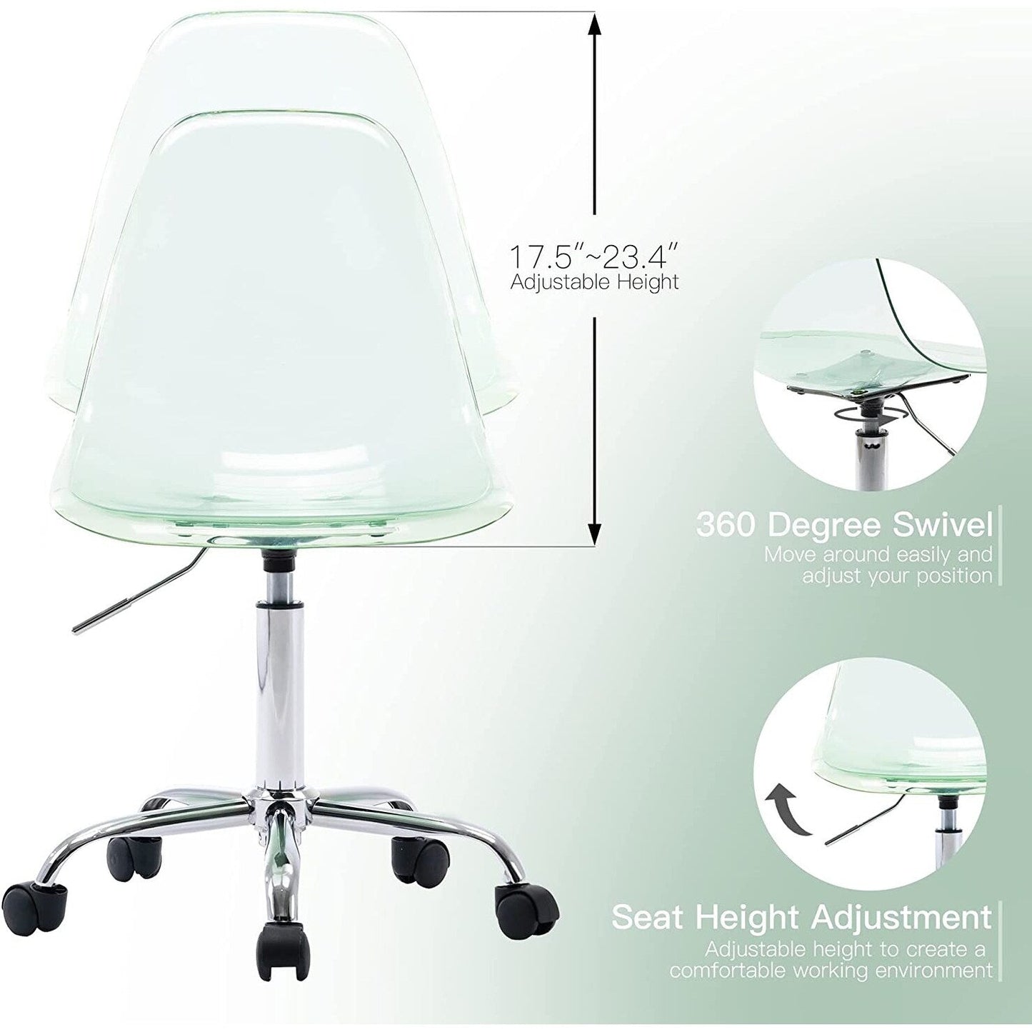 Chaise de bureau à roulettes pivotante en acrylique, sans accoudoirs et réglable en hauteur