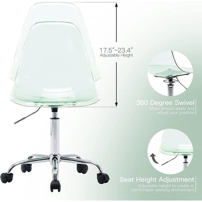 Chaise de bureau à roulettes pivotante en acrylique, sans accoudoirs et réglable en hauteur