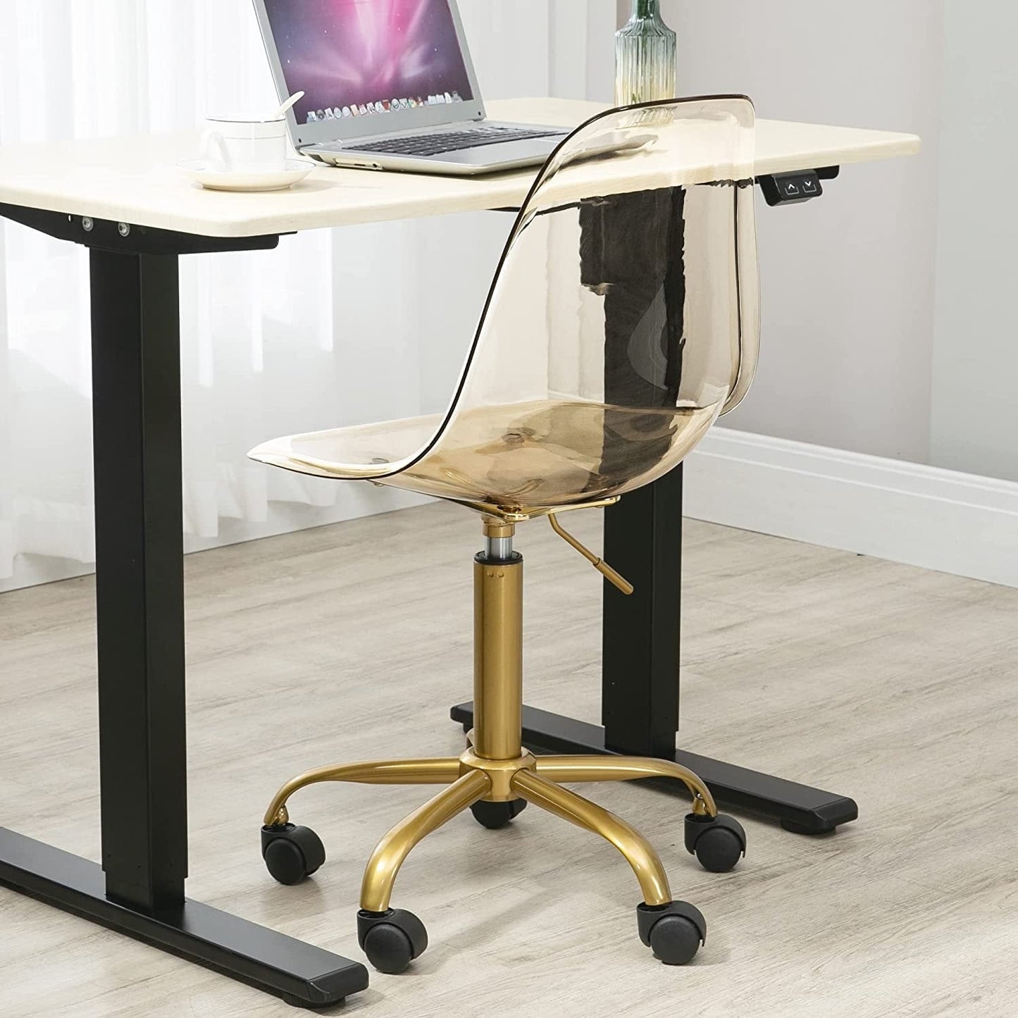 Chaise de bureau à roulettes pivotante en acrylique, sans accoudoirs et réglable en hauteur
