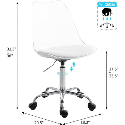 Chaise de bureau à roulettes pivotante en acrylique, sans accoudoirs et réglable en hauteur