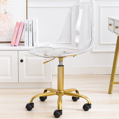 Chaise de bureau à roulettes pivotante en acrylique, sans accoudoirs et réglable en hauteur