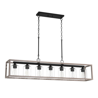 Lustre linéaire rectangulaire Allegray de style ferme, 7 lumières, 132 cm (52 ​​po), suspension pour îlot de cuisine.