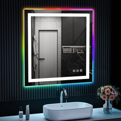Miroir de salle de bain antibuée rétroéclairé RGB et éclairé par LED