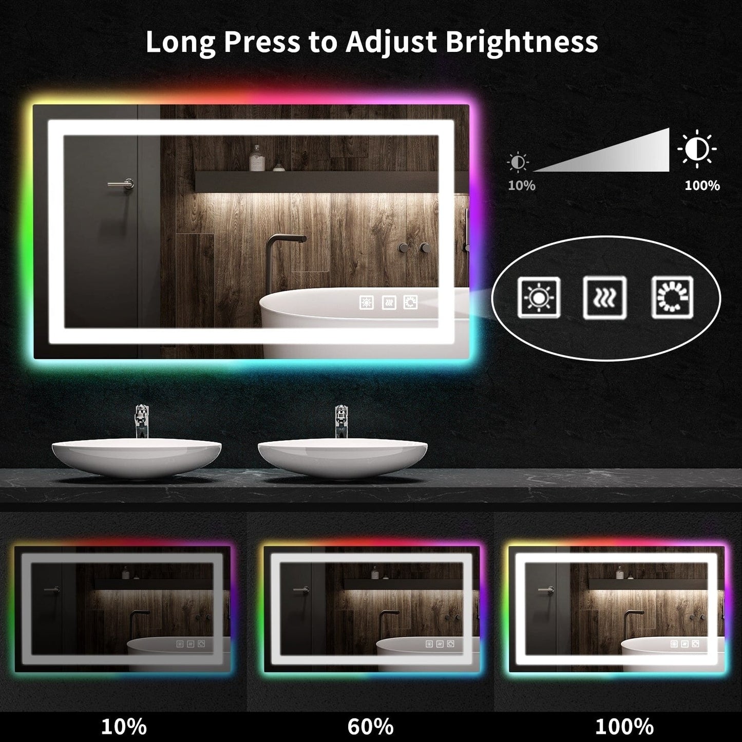 Miroir de salle de bain antibuée rétroéclairé RGB et éclairé par LED