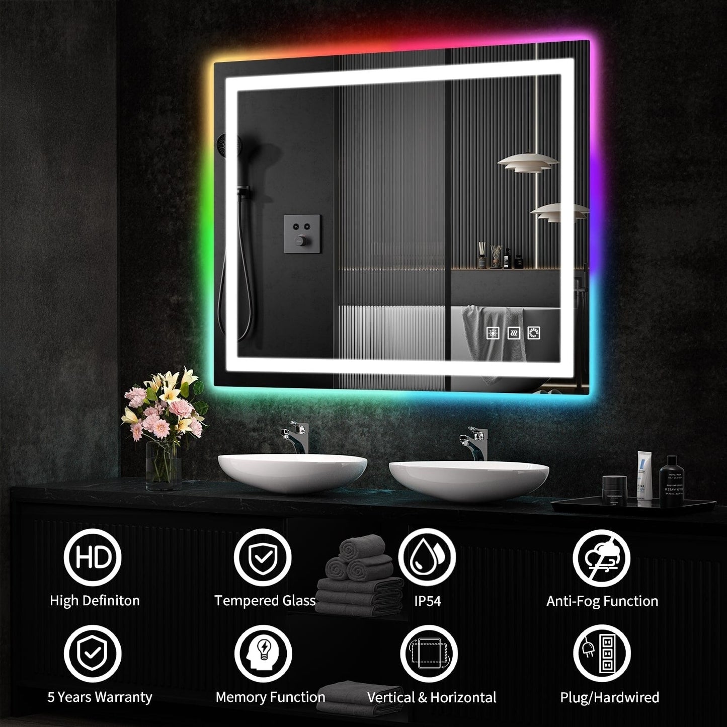 Miroir de salle de bain antibuée rétroéclairé RGB et éclairé par LED