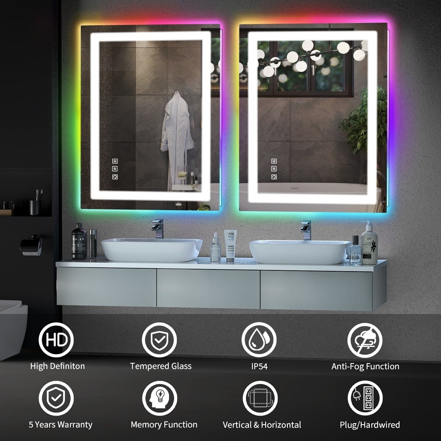 Miroir de salle de bain antibuée rétroéclairé RGB et éclairé par LED