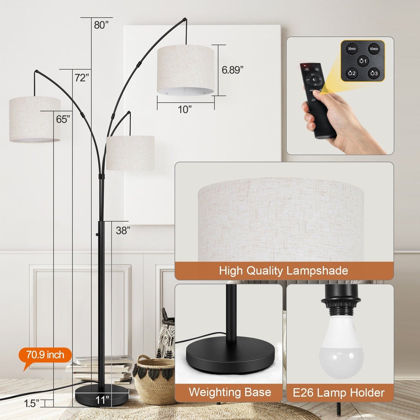 Lampadaire LED arqué à 3 lumières, dimmable, moderne, noir, haut.