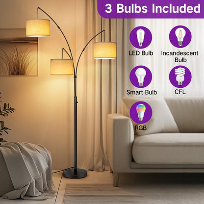 Lampadaire LED arqué à 3 lumières, dimmable, moderne, noir, haut.