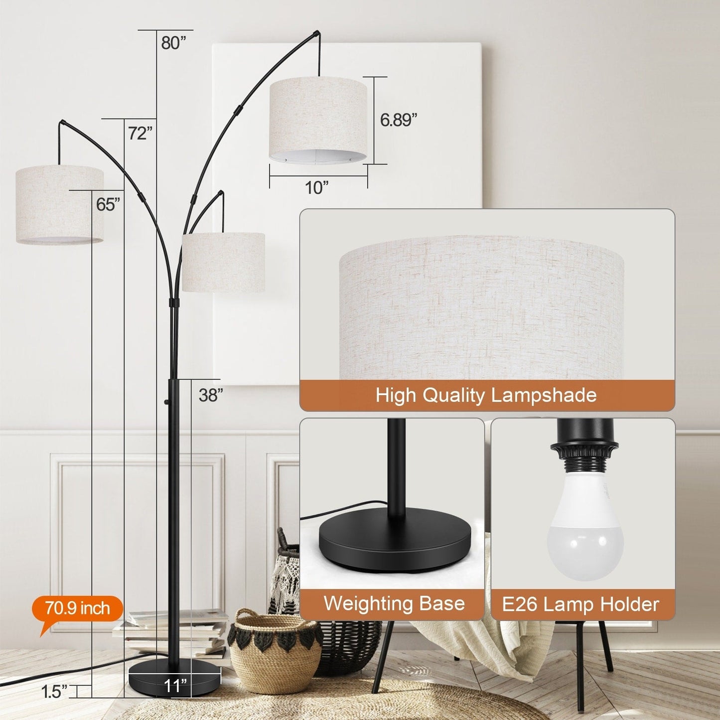 Lampadaire LED arqué à 3 lumières, dimmable, moderne, noir, haut.