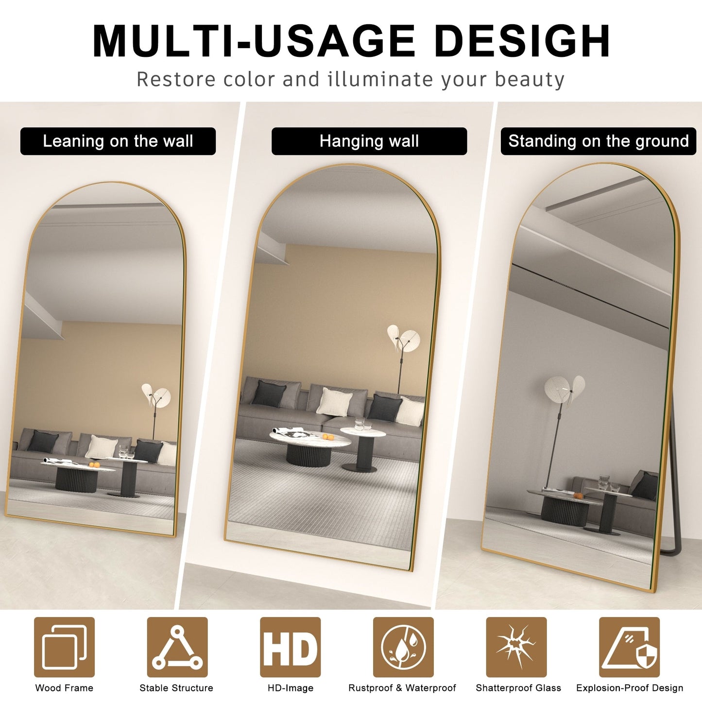 Miroir sur pied en bois arqué, miroir mural