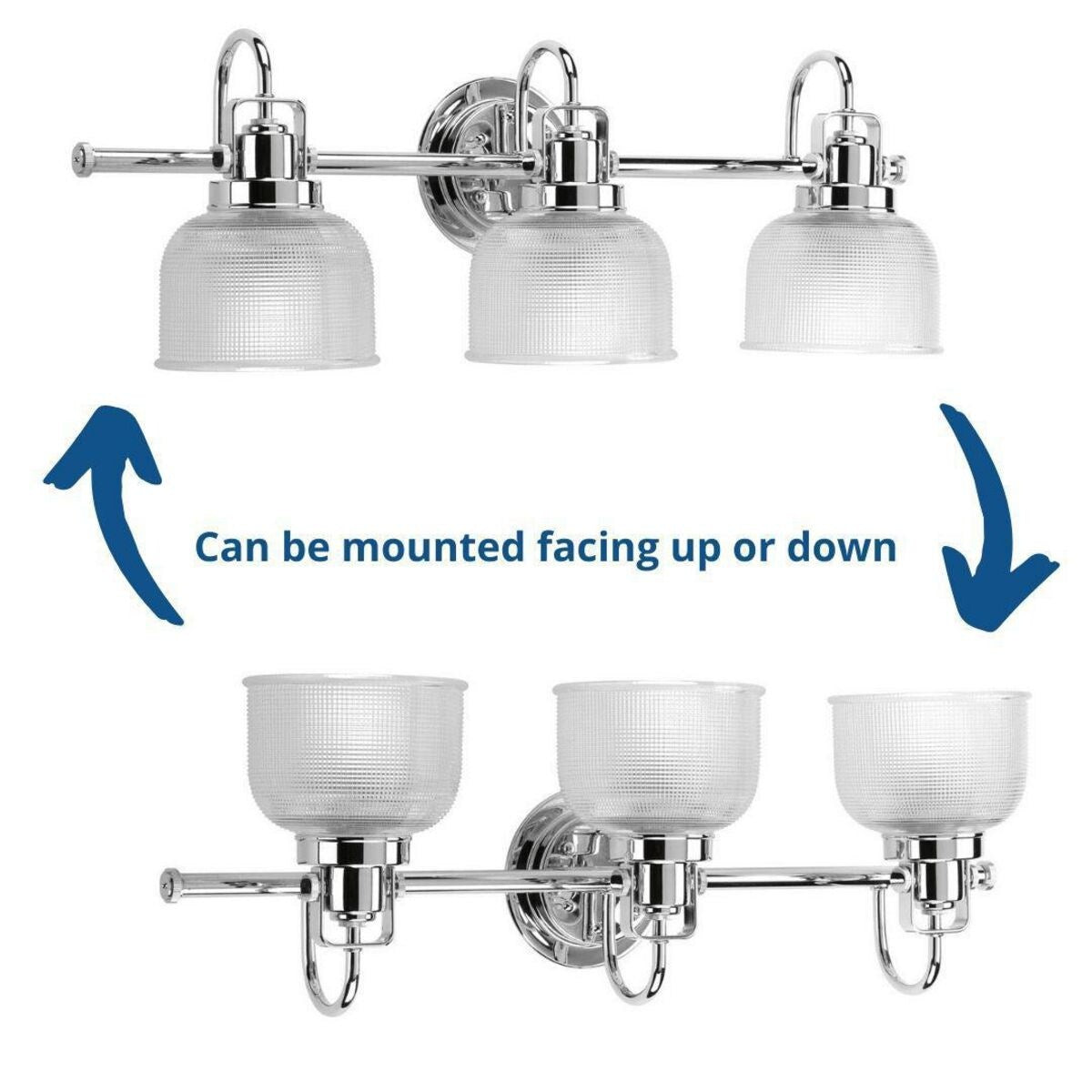 Applique murale de salle de bain style bord de mer, collection Archie, trois lumières, chrome poli, double verre prismatique transparent - 8,75 x 26,25 x 7,25