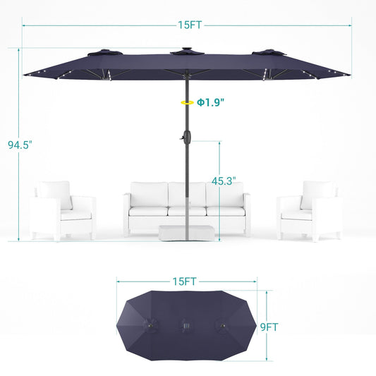 BONOSUKI Parasol de terrasse double face à DEL 15 x 9 pi, grande toile en aluminium